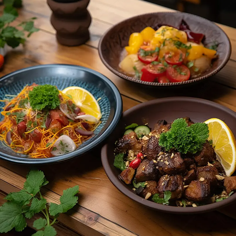 炸土豆配肉。酒红色盘子上的菜用木板上的生菜、柠檬和石榴装饰。回家吃饭。木桌上有三个盘子。木制背景。从上面看