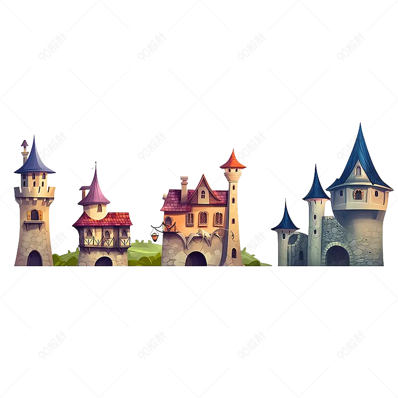 卡通手绘城堡建筑物组合免抠素材图
