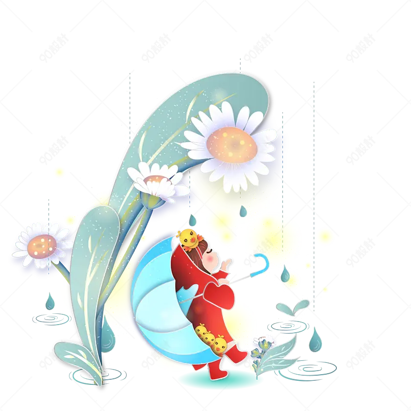 雨天下雨插画童话风小女孩 玩水透明矢量素材