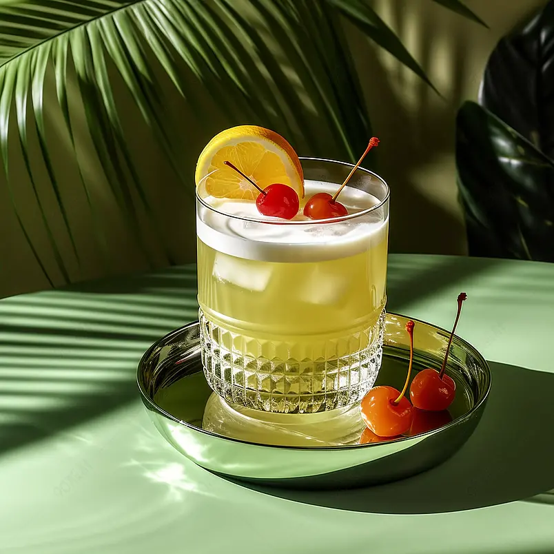 威士忌酸时髦酒精鸡尾酒，波本威士忌，柠檬汁，蛋清和冰块，玻璃杯中明亮的绿色背景，硬光，棕榈叶的阴影图案