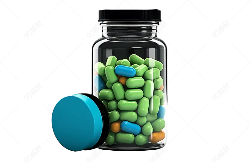 绿色的胶囊装在玻璃瓶子里免抠素材图