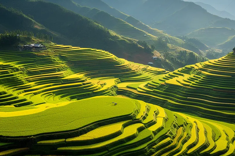 美不胜收稻田梯农村或地区绿色业田亚洲和越南日落时山峰谷的空中最高景象自然观背