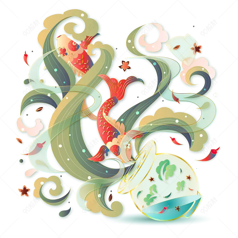 国潮金线清汤酸菜鱼矢量透明素材