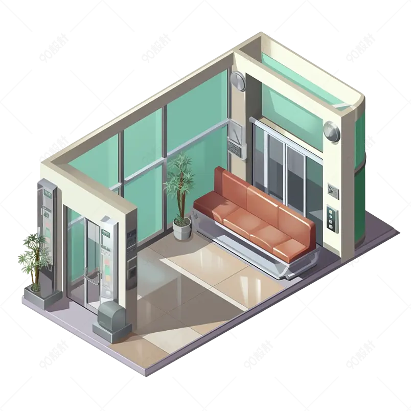 绿色2.5D等距卧室房间沙发插画元素
