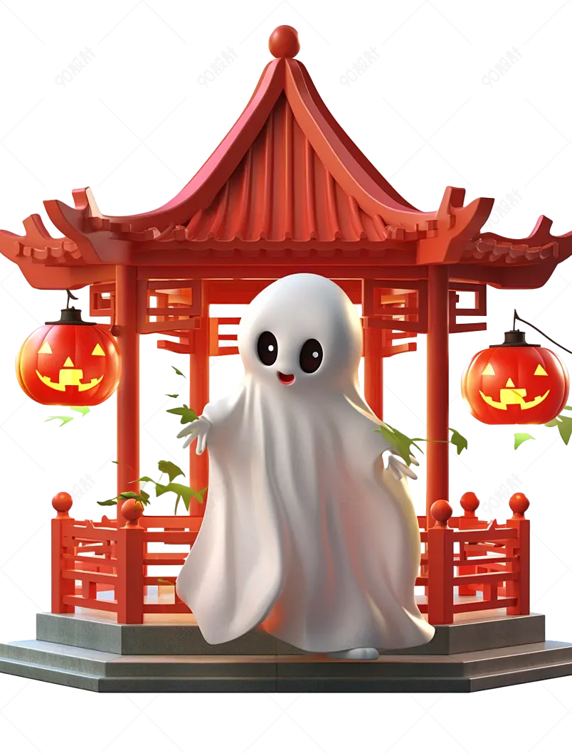 红色3d渲染万圣节中式建筑鬼节可爱小鬼幽灵南瓜灯元素