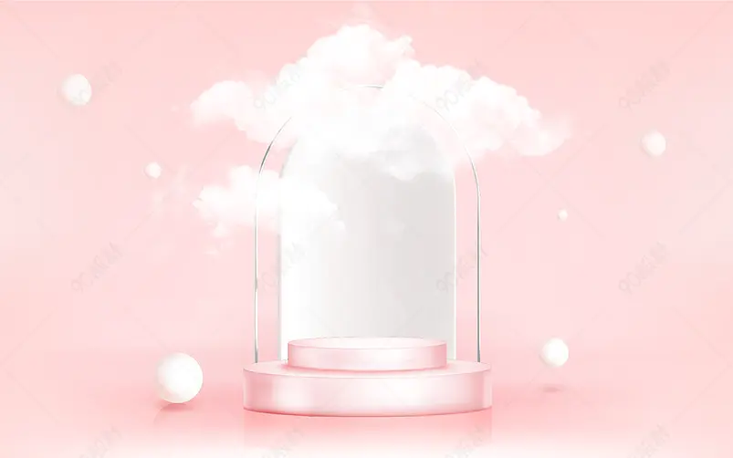 白色云朵的梯级舞台圆球装点的粉色背景