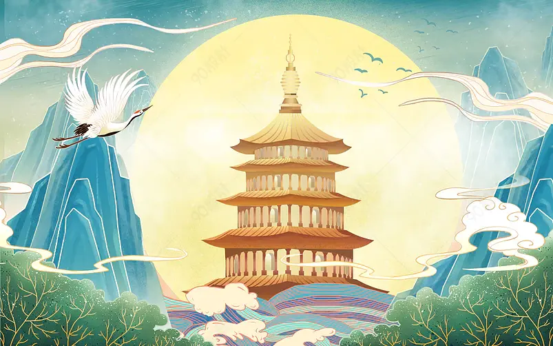 中国风国潮手绘建筑景点背景设计