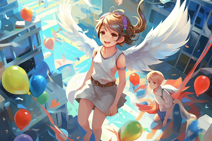 治愈蓝色唯美日系小清新女孩骑飞鸟卡通插画