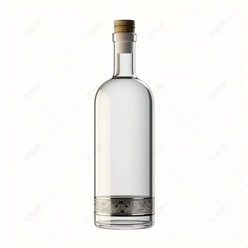 烈酒白色透明瓶，白色背景上有空白标签