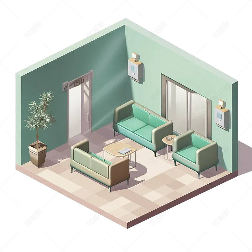 绿色2.5D等距卧室房间沙发插画元素