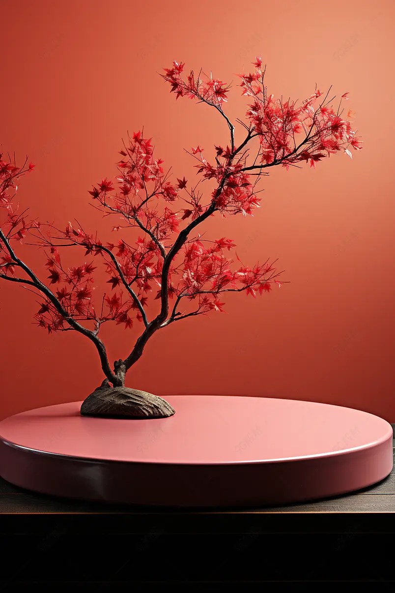 3d渲染精美秋上新产品展台红色植物秋季海报场景