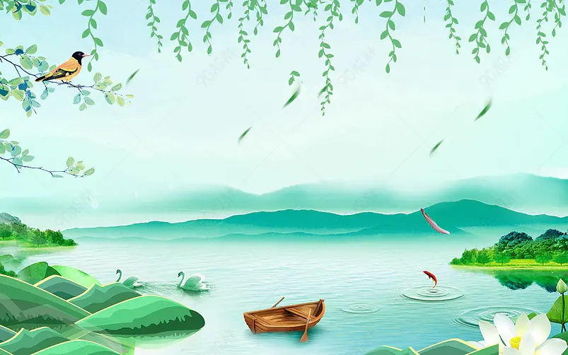 二十四节气春分节气绿色山水中国风背景图