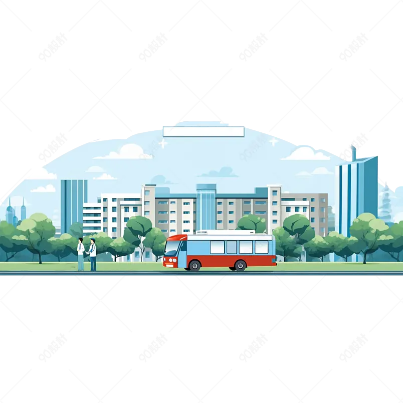 
蓝色手绘插画风医院建筑住院部门诊救护车元素