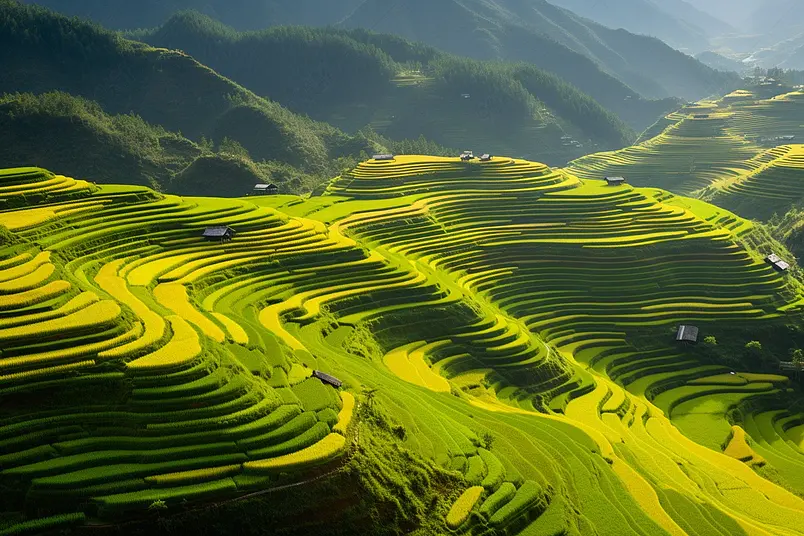 辽阔稻田梯农村或地区绿色业田亚洲和越南日落时山峰谷的空中最高景象自然观背
