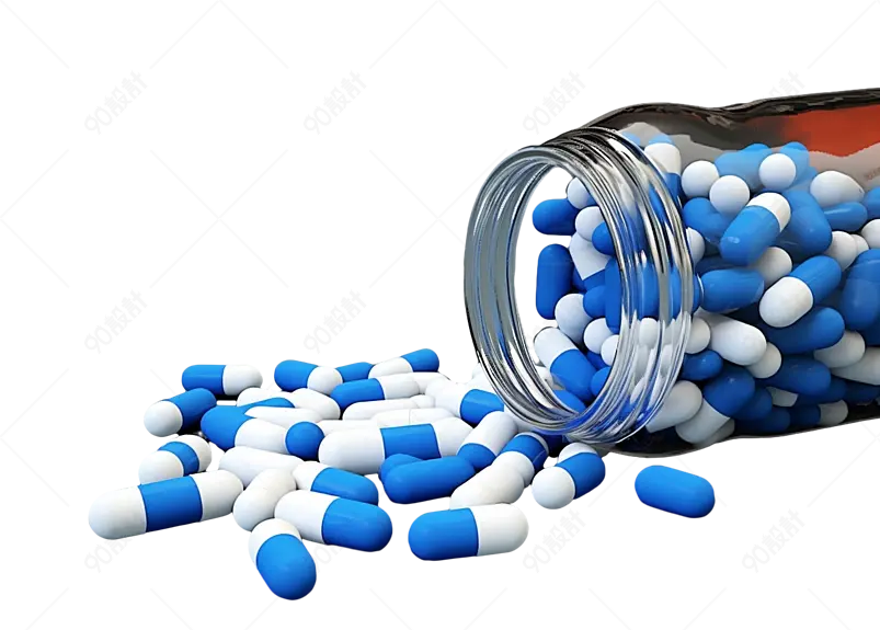 医疗用品玻璃瓶和蓝色胶囊免抠素材图