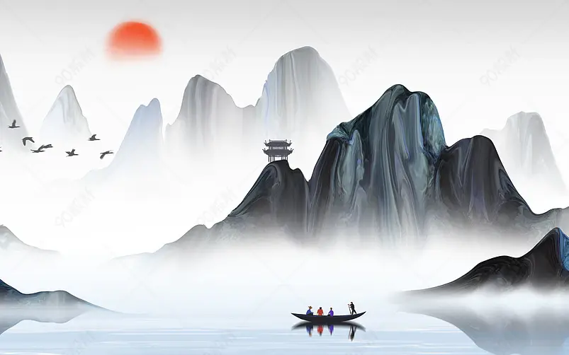 中国风手绘风景山水插画背景设计