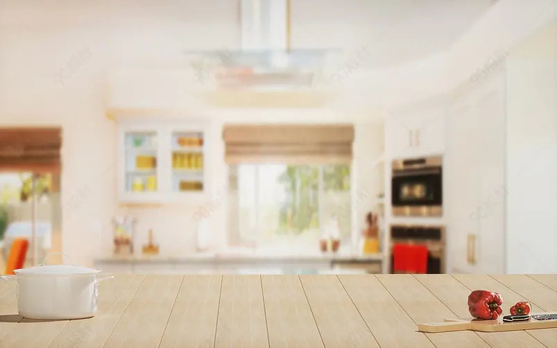 C4D简约木质桌面桌子模糊厨房背景