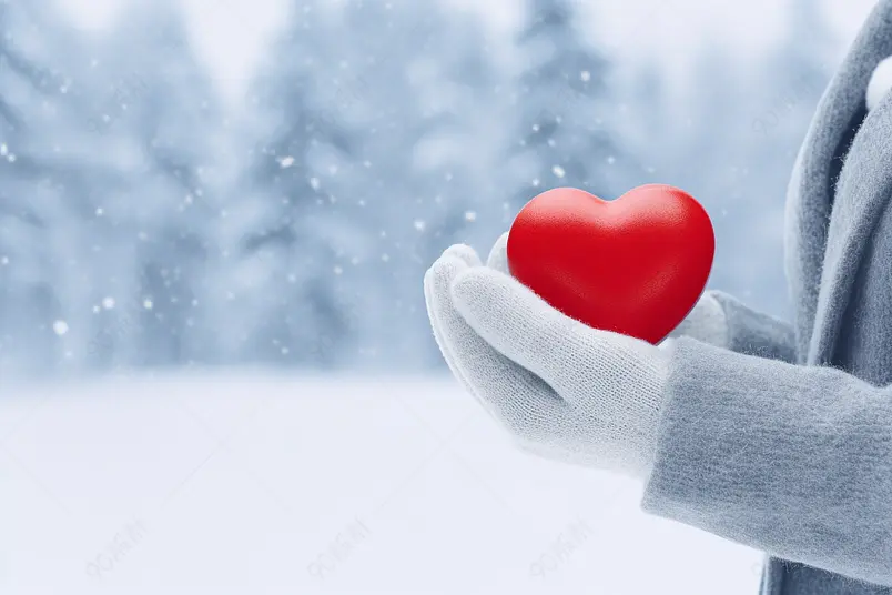 戴手套的人手拿爱心特写实拍摄影图