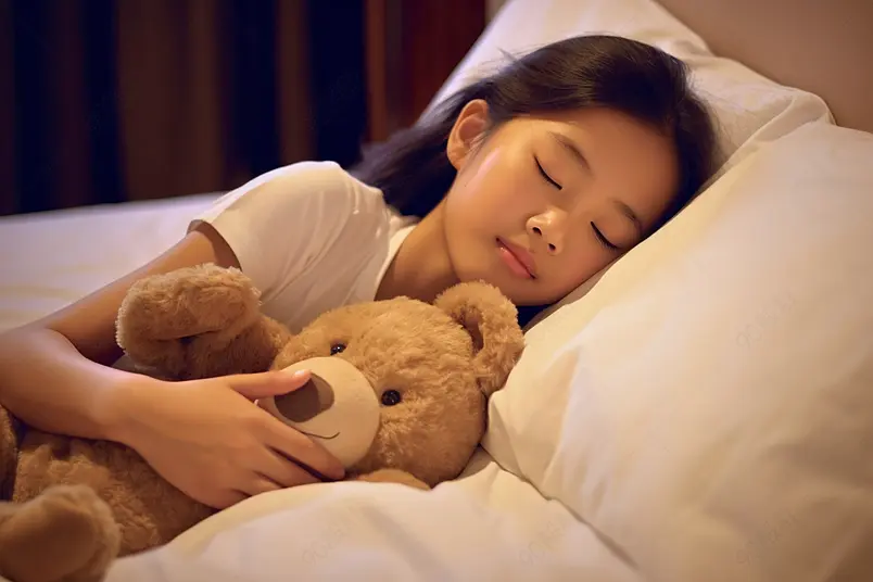 夜晚熟睡的小女孩抱着毛绒玩具背景图