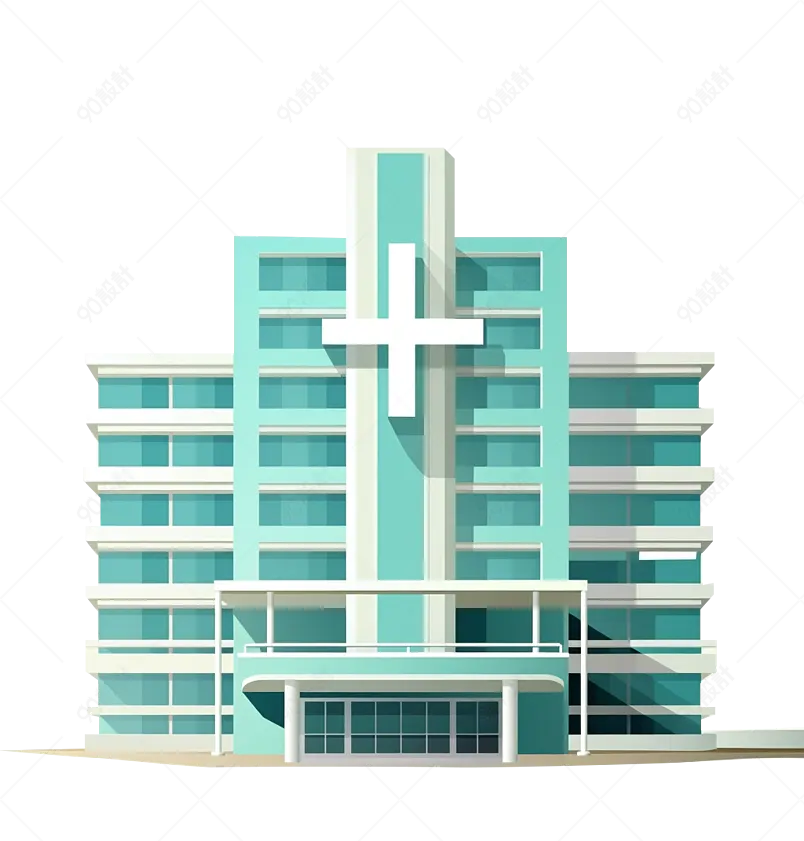 绿色手绘插画风医院建筑住院部门诊救护车元素