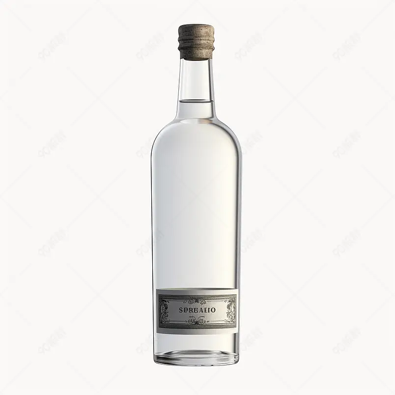 烈酒白色透明瓶，白色背景上有空白标签