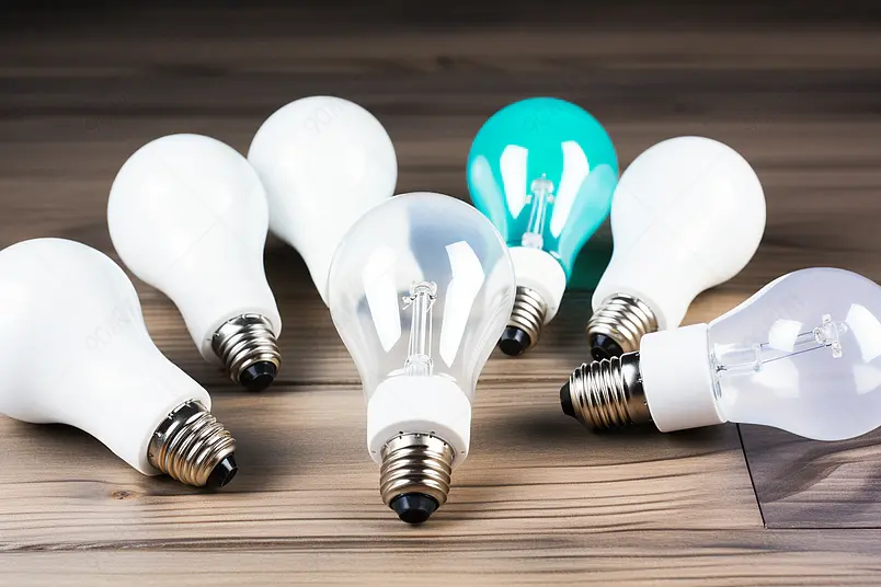 白色LED灯泡光和灰色木板上若干节能灯