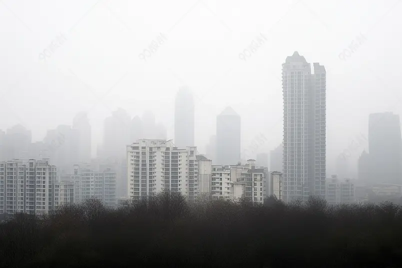 雾霾中的城呼吸不畅粉尘污染防治黑白照片