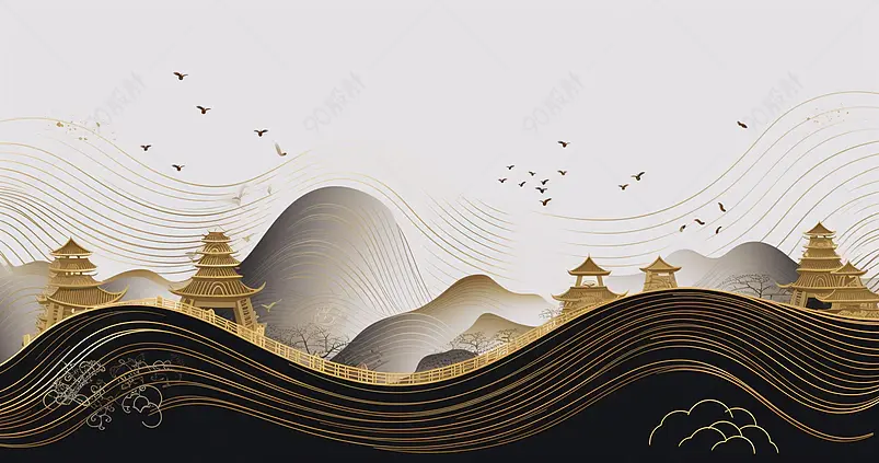 现代中式山水古风线条插画