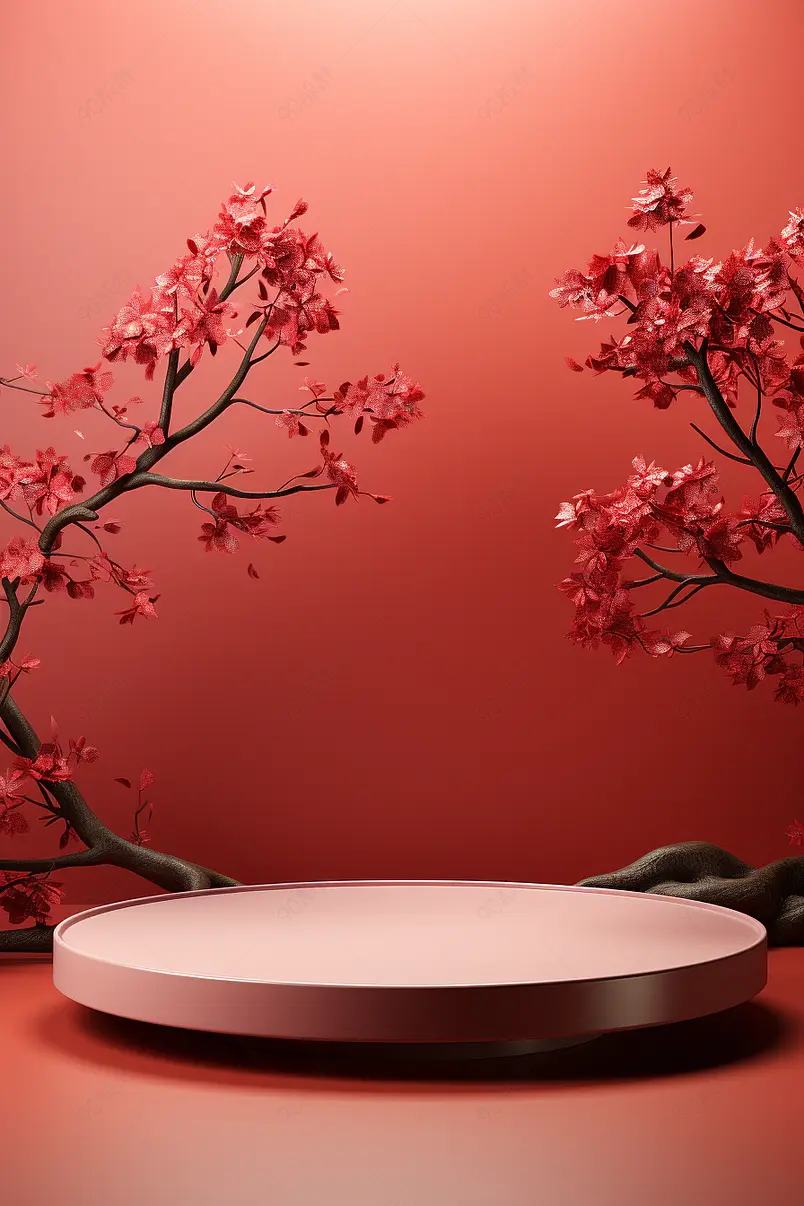 电商产品展示背景展台简约红色产品台植物搭配海报