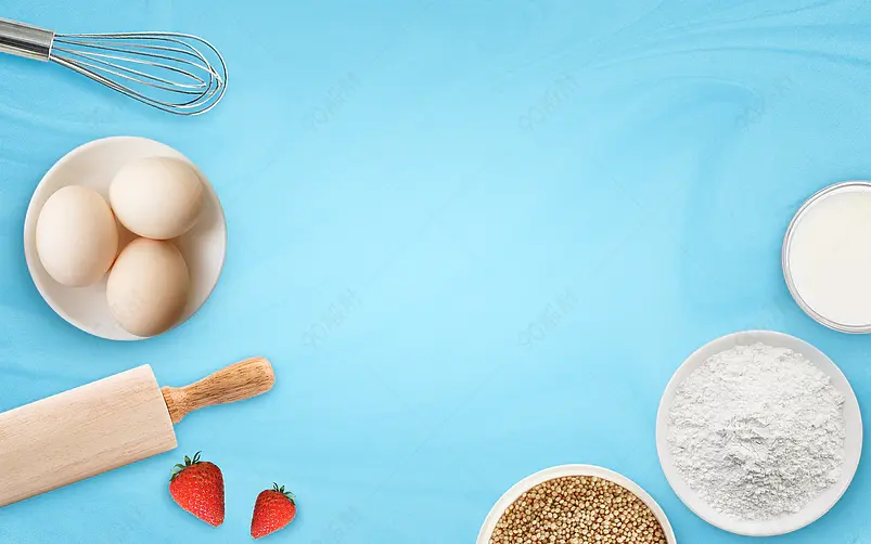 蓝色厨房桌面面点牛奶擀面杖背景