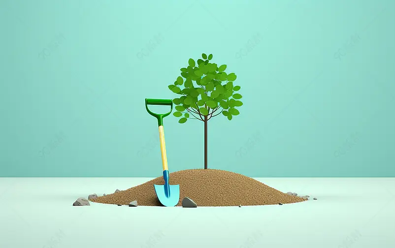 绿色小树和泥土铁锹模型植树节保护地球主题海报素材