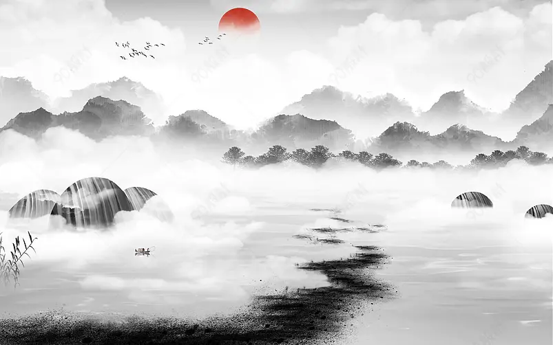 中国风水墨手绘风景山水插画背景设计