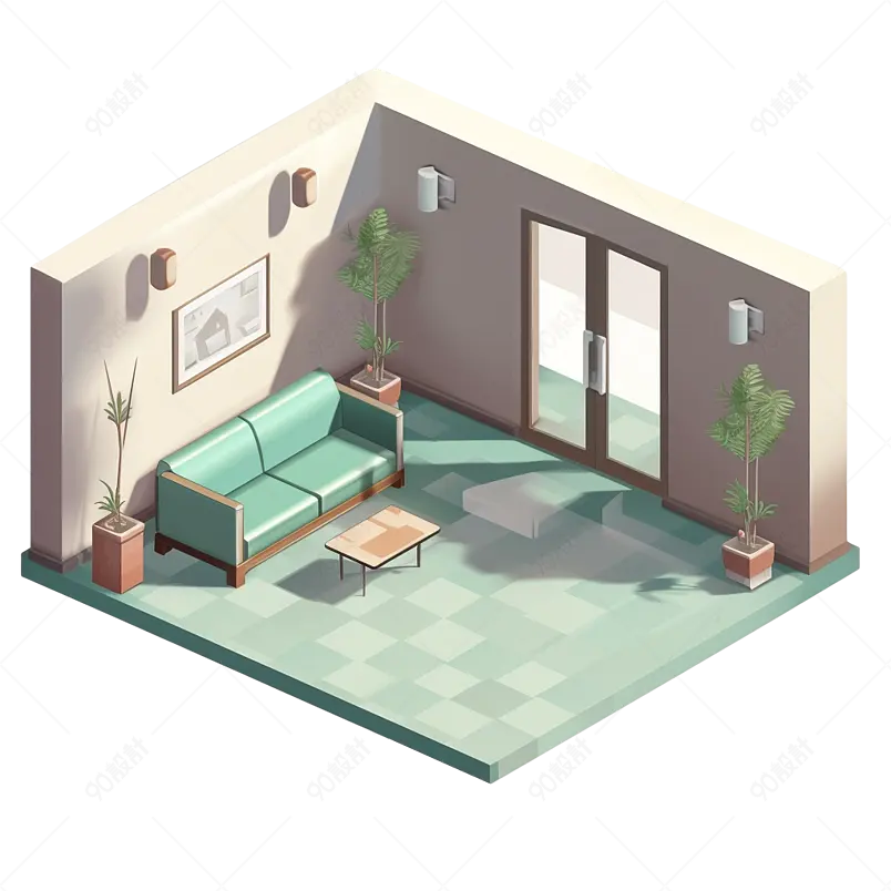 绿色2.5D等距卧室房间沙发插画元素