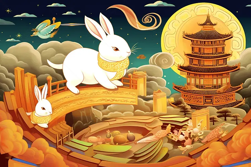 国潮月亮月兔中秋节国风手绘