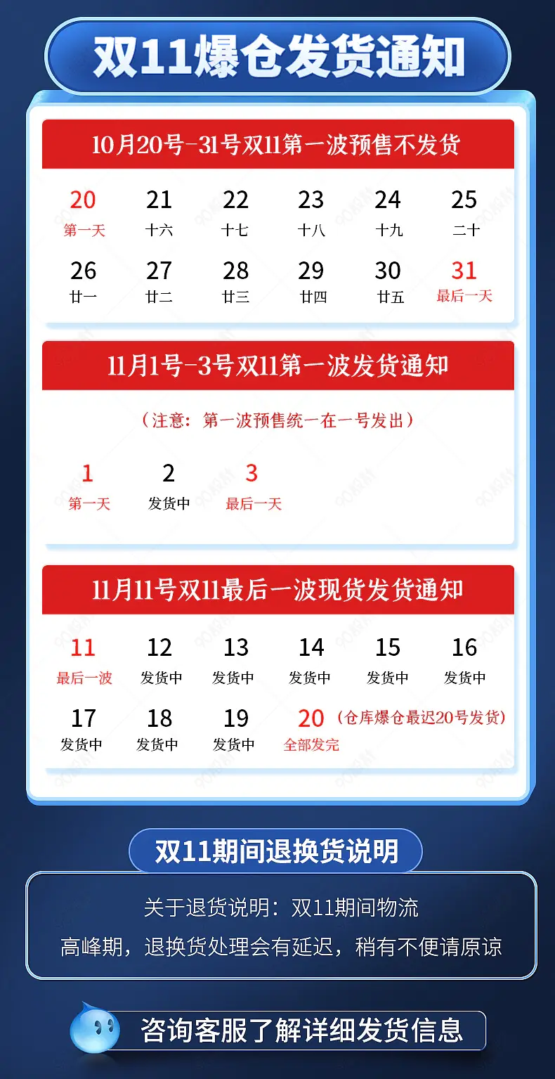 蓝色双11发货售后通知详情海报