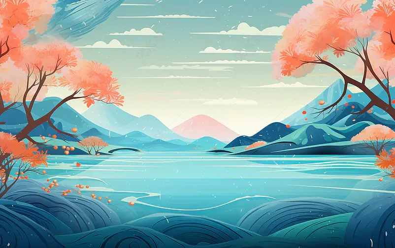 国潮冬天诗意山脉山水水波纹插画背景