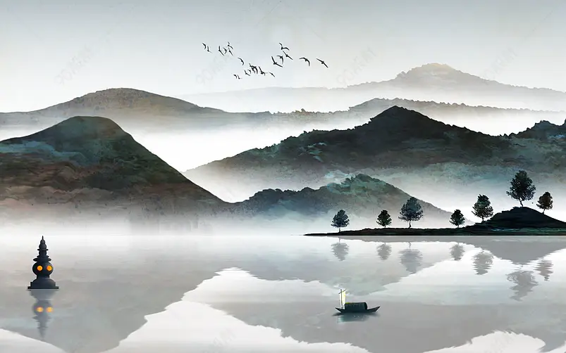 中国风水墨手绘风景山水插画背景设计