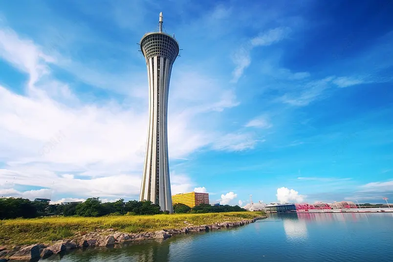 澳门城市风景有名的蓝色旅游塔台港口市中心建筑学地标摩天大楼旅行反射建筑戏剧性天