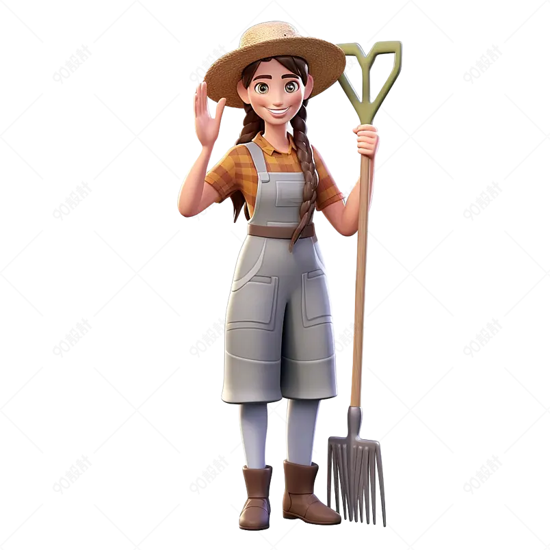 3D卡通手拿农具工具工作女孩