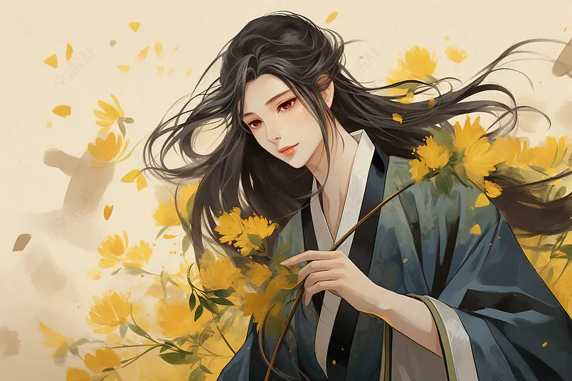 唯美古风水彩菊君人物插画