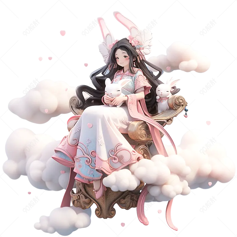 漂亮仙女嫦娥坐在洁白的云朵上抱着玉兔