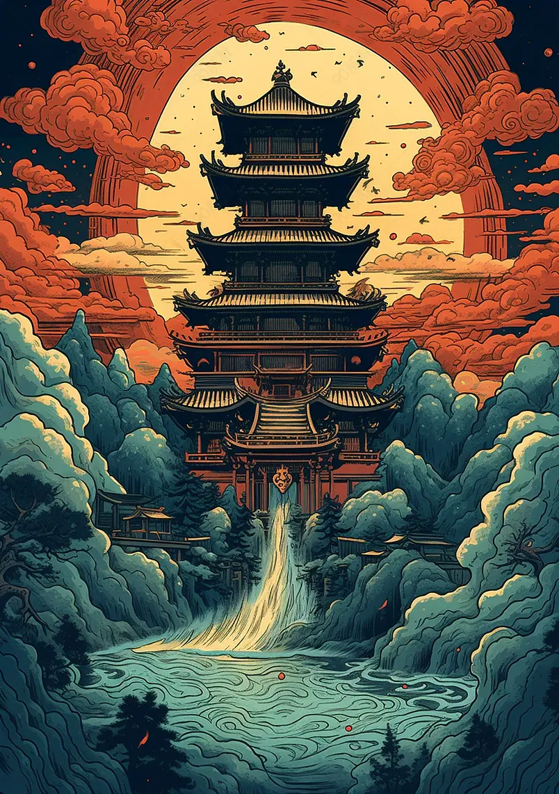 霸气中国风国潮古建筑岳阳楼高山流水插画