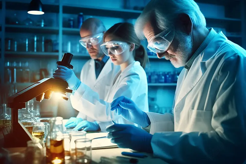 三位科学家专注进行生命科学研究实验