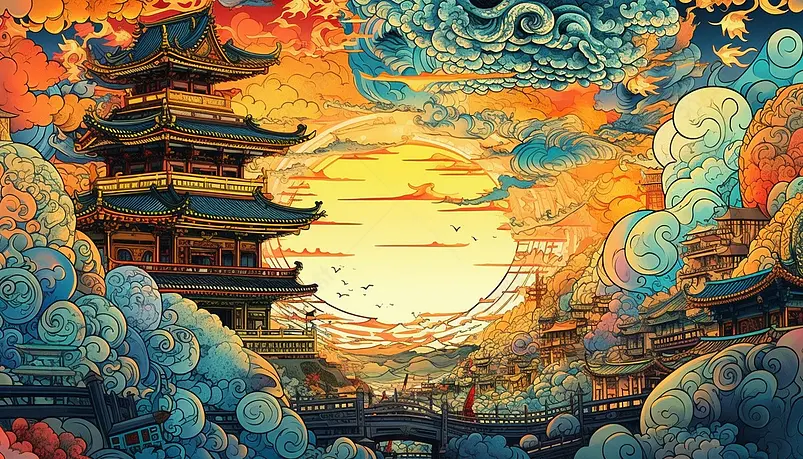 国潮风古建筑祥云手绘插画