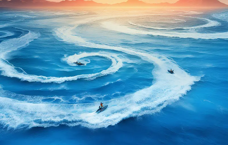 夏季日落时蓝色水中浮水滑板车的鸟瞰图印度洋,桑给巴尔,非洲度假喷气滑雪运动的顶部视图热带海景与移动摩托艇极端