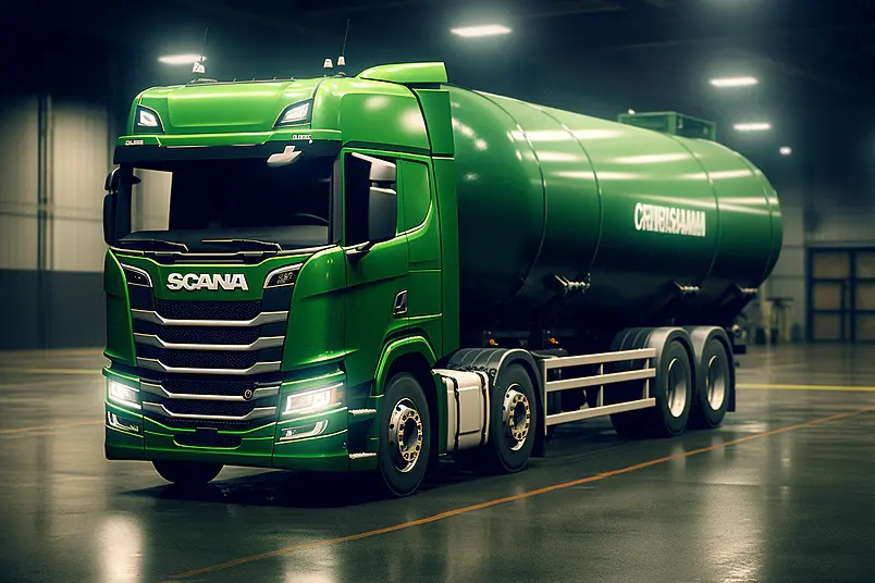 户外绿色车灯全开油罐车运输车