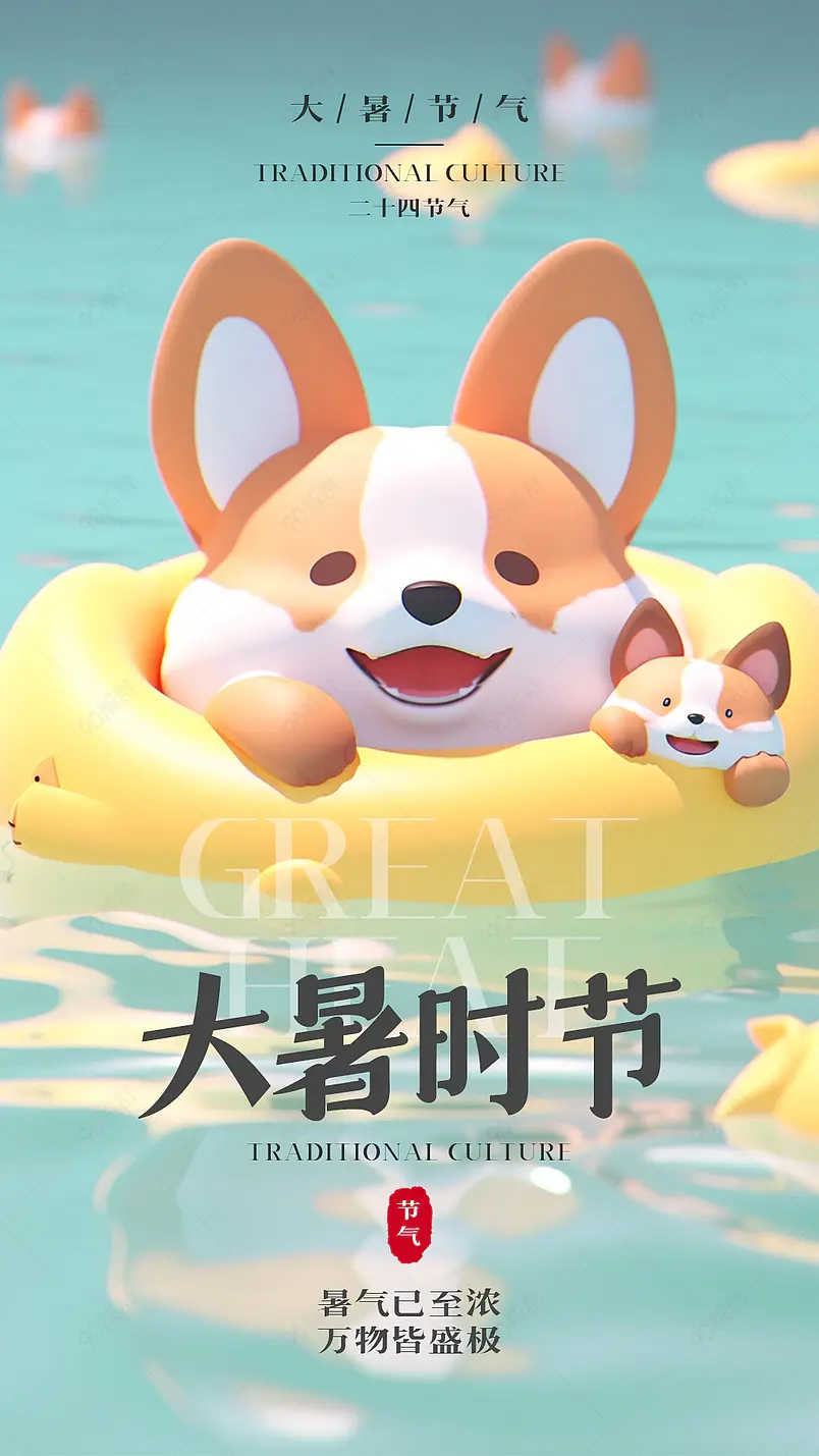 卡通手绘可爱小狗夏天大暑时节海报