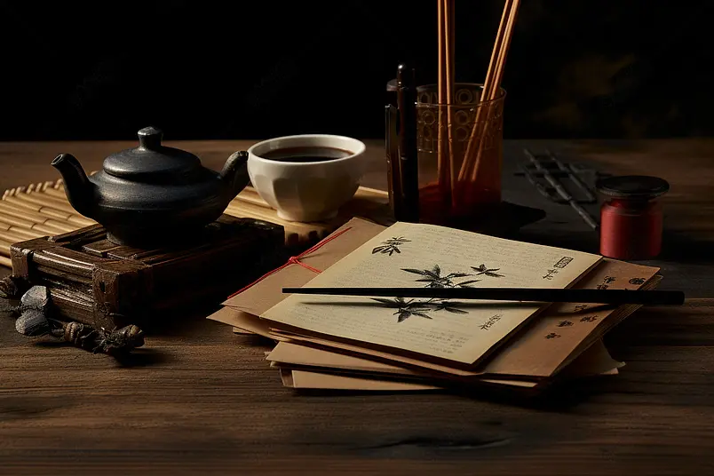 古书籍和茶艺静物