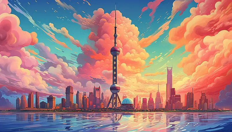 东方明珠塔城市手绘插画国潮风背景