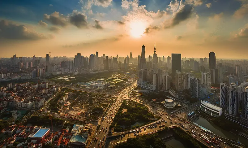 夕阳现代城市都市商务高楼大厦俯拍大远景摄影